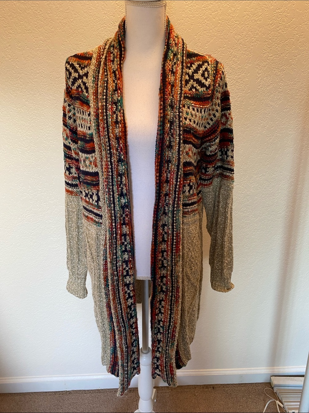 Multicolored Soft Cable Knit Open Front Collared Long Cardigan Size Medium